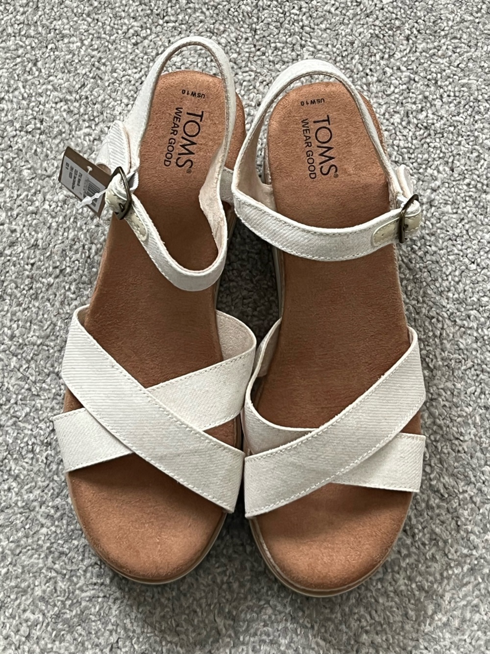 NWT TOMS Gia Cream Chambray Crisscross Buckle Wedge Sandals Size 10